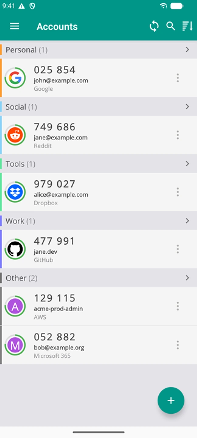 The account list grouped into categories, each row showing a live 6-digit code and its countdown.