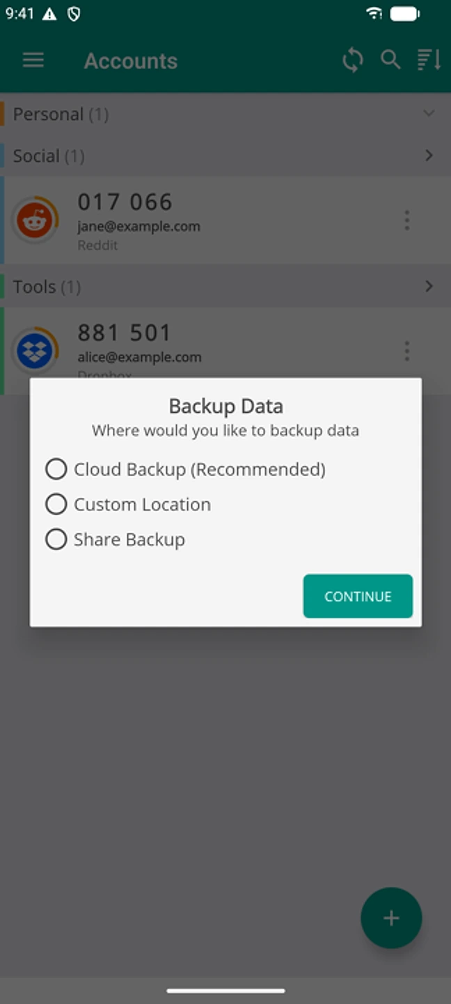 A dialog on Android asking where you would like to back up data, listing Cloud Backup (Recommended), Custom Location, and Share Backup.