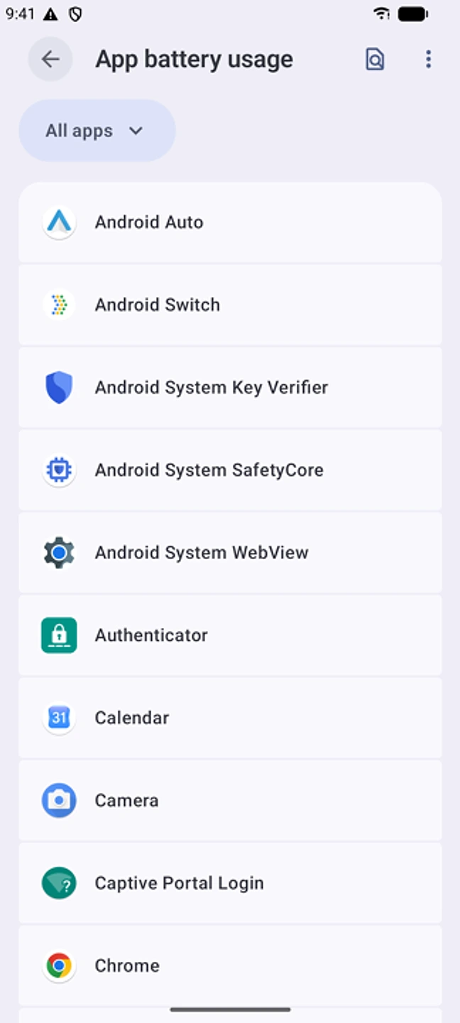 The Android Settings screen for App battery usage, with TOTP Authenticator listed among the apps.