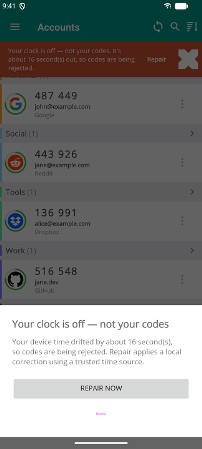 A sheet in the Android app headed 'Your clock is off, not your codes', offering to repair the time difference.