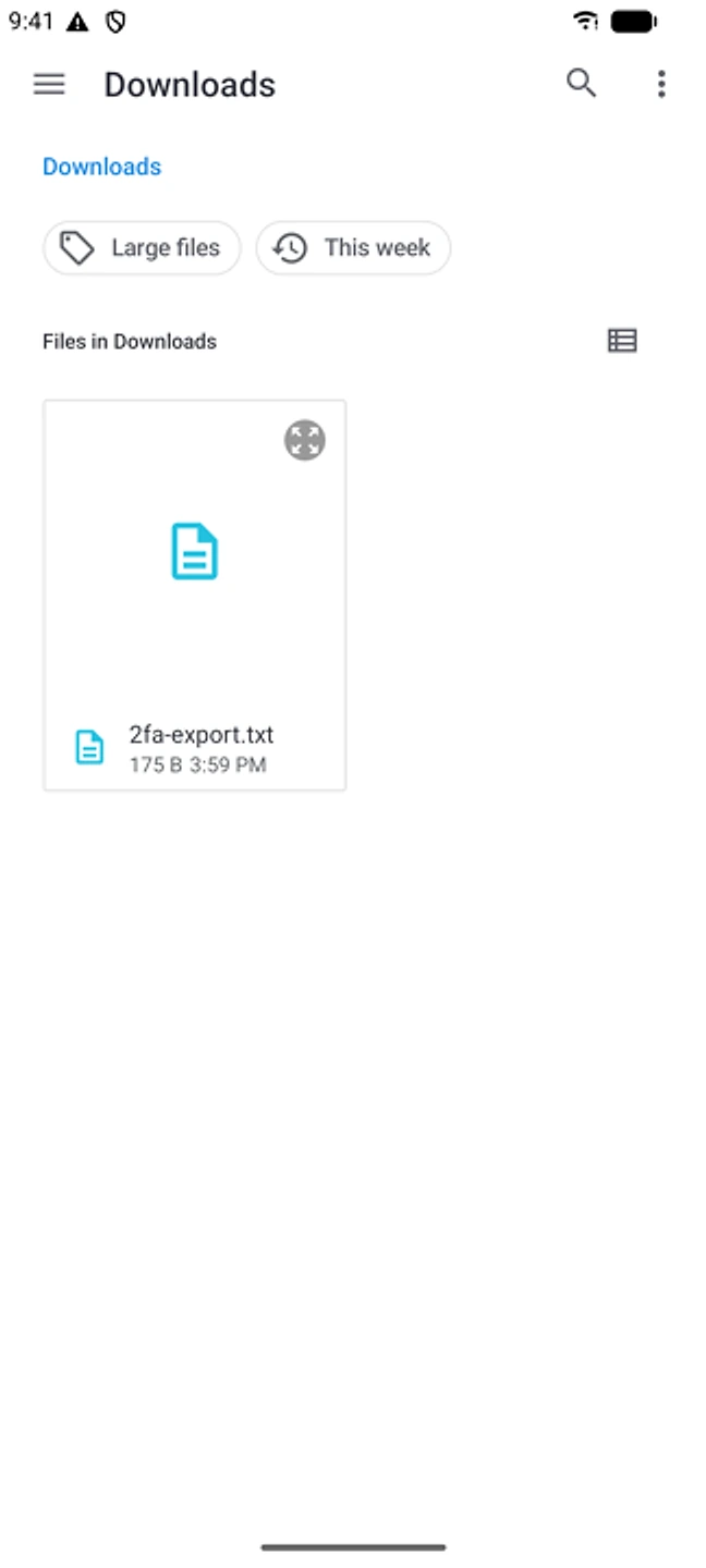 The system file picker open on the Downloads folder, with the export file 2fa-export.txt ready to select.
