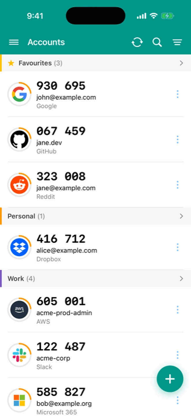 The account list grouped into categories, each row showing a live 6-digit code and its countdown.