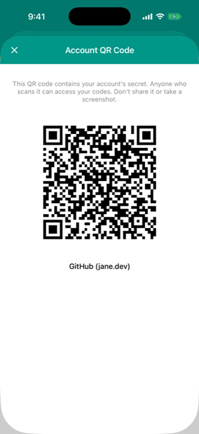 The Account QR Code screen for a GitHub account, showing the QR code with a warning that it contains the account secret.