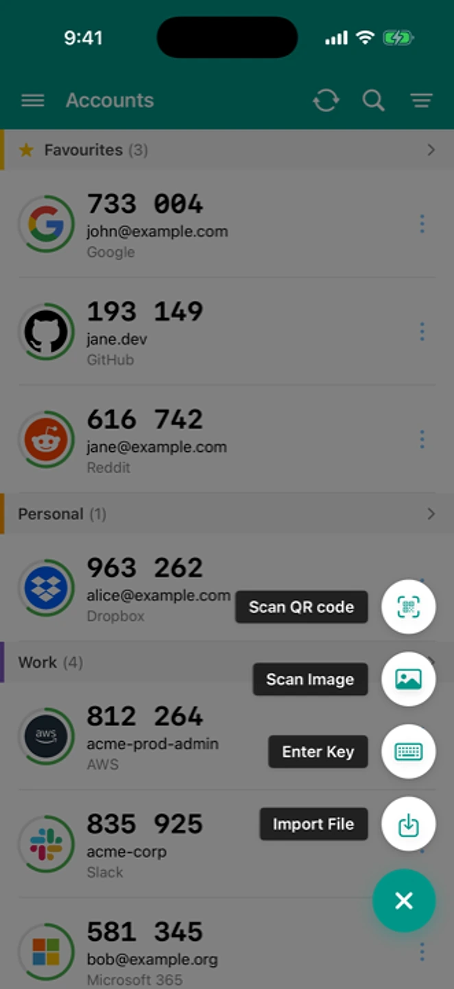 The Add Account menu open over the account list, showing Scan QR code, Scan Image, Enter Key, and Import File.