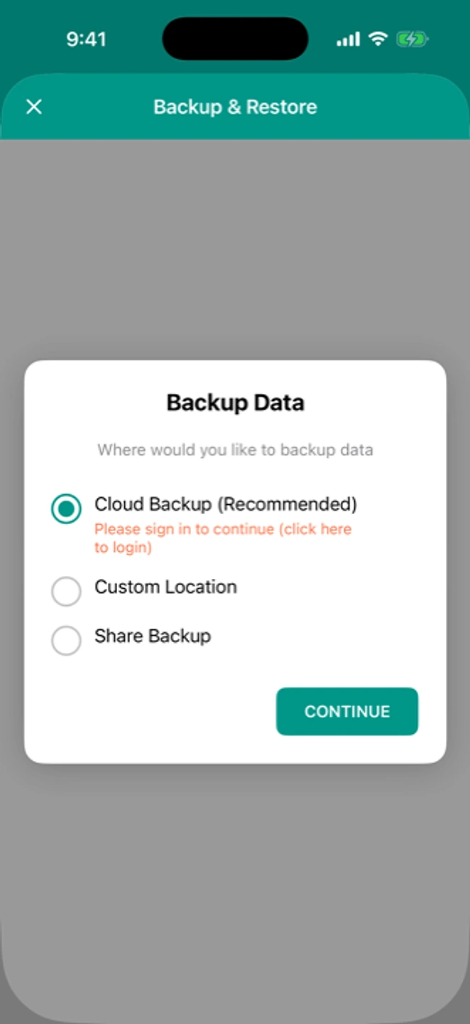 A dialog on the old phone asking where to back up data, with a choice of Custom Location or Share Backup.