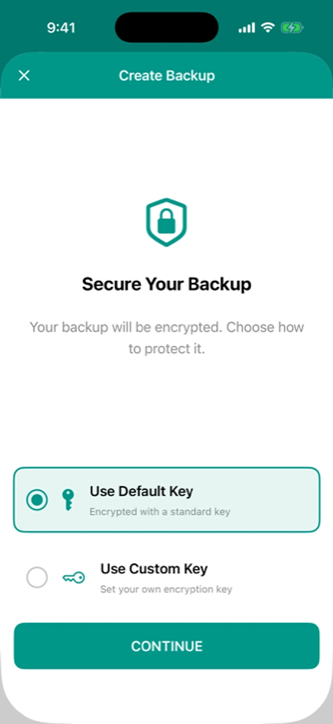 The Secure Your Backup screen, offering either the default encryption key or a custom one.