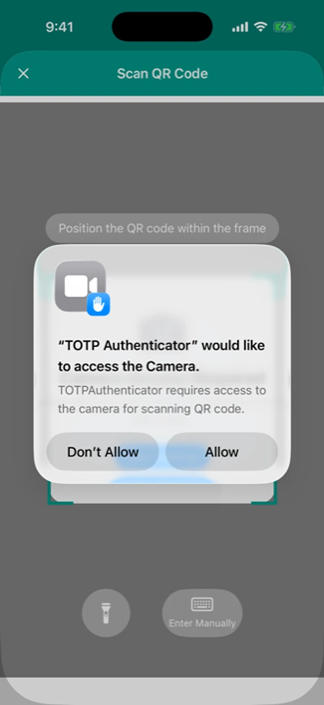 A system prompt over the QR scanner asking permission for the app to use the camera.