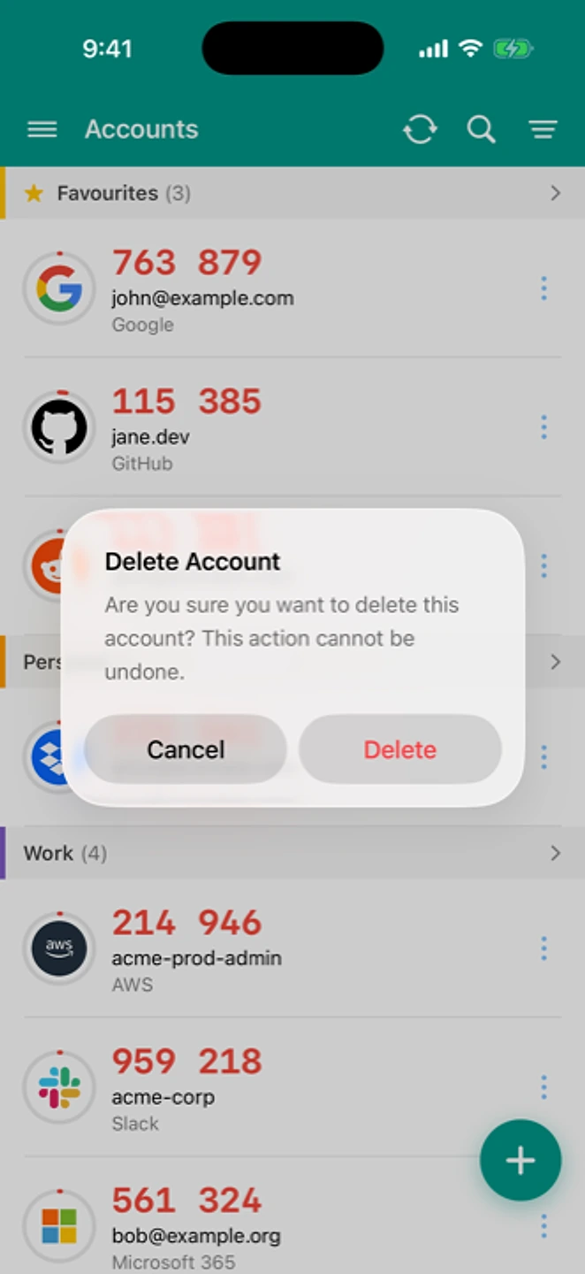 A Delete Account confirmation dialog in the app, asking you to confirm before the account is removed.
