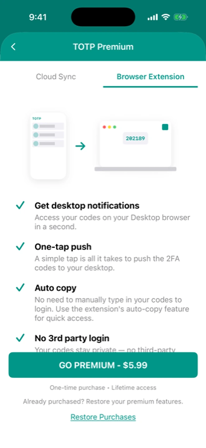 The Browser Extension tab of the premium screen in the mobile app, where the extension is paired.