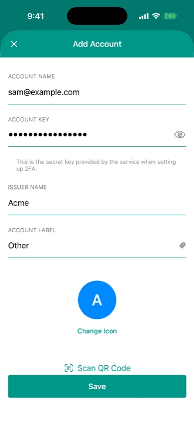 The Add Account form filled in by hand, with an account name, a masked setup key, and Acme as the issuer.