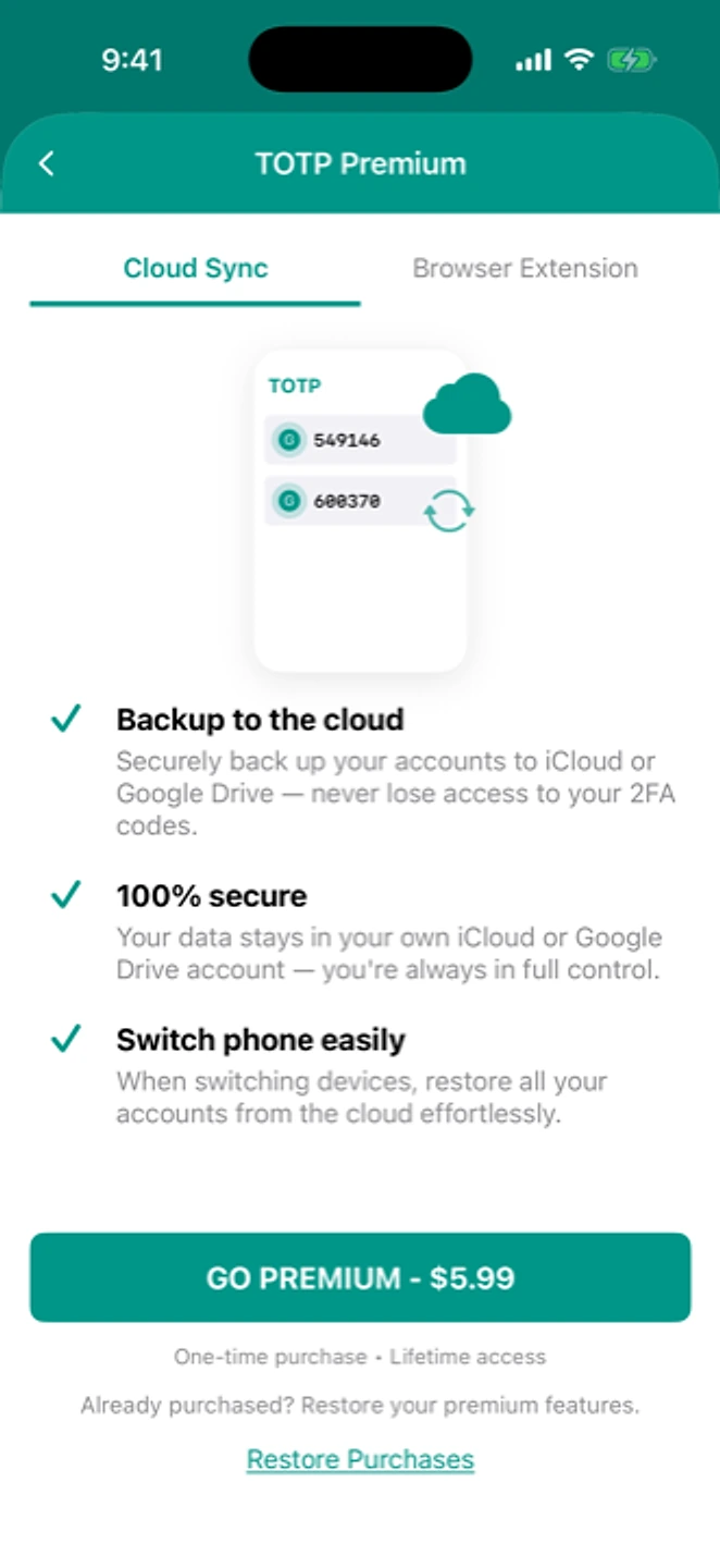 The TOTP Premium screen, with a Restore Purchases link below the list of paid features.