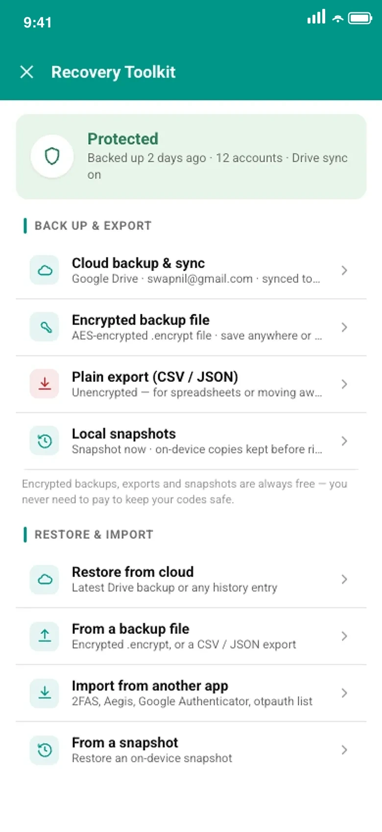 The Recovery Toolkit screen showing a Protected status, plus Back up & export and Restore & import options including cloud sync, encrypted file, plain export, and local snapshots.