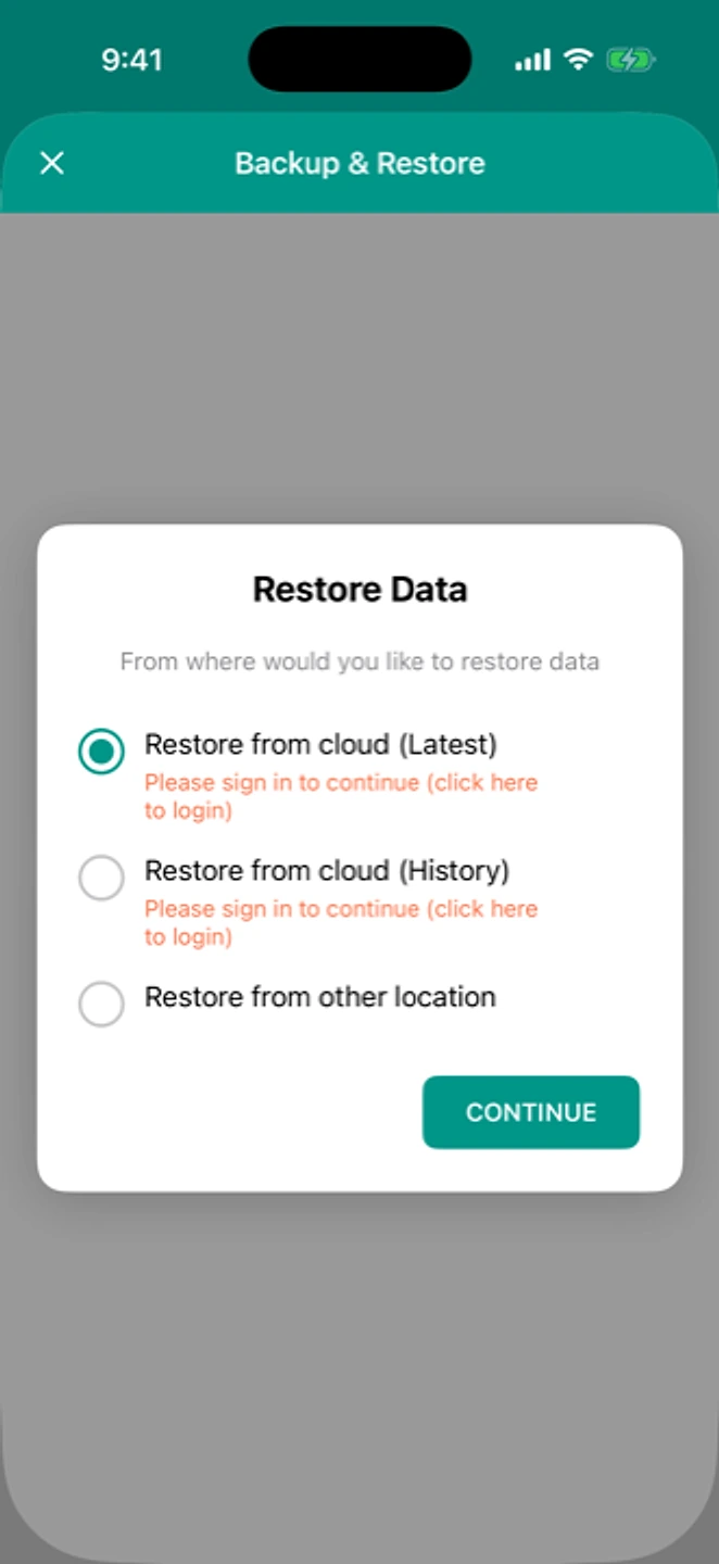 A Restore Data dialog on the new phone offering the latest cloud backup, backup history, or a file from another location.