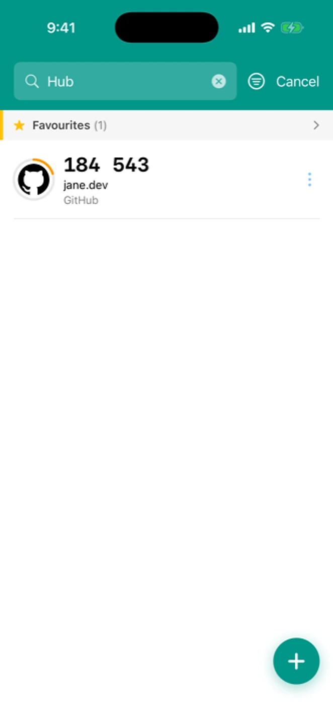 Search in the app: typing 'Hub' narrows the account list down to the GitHub account.