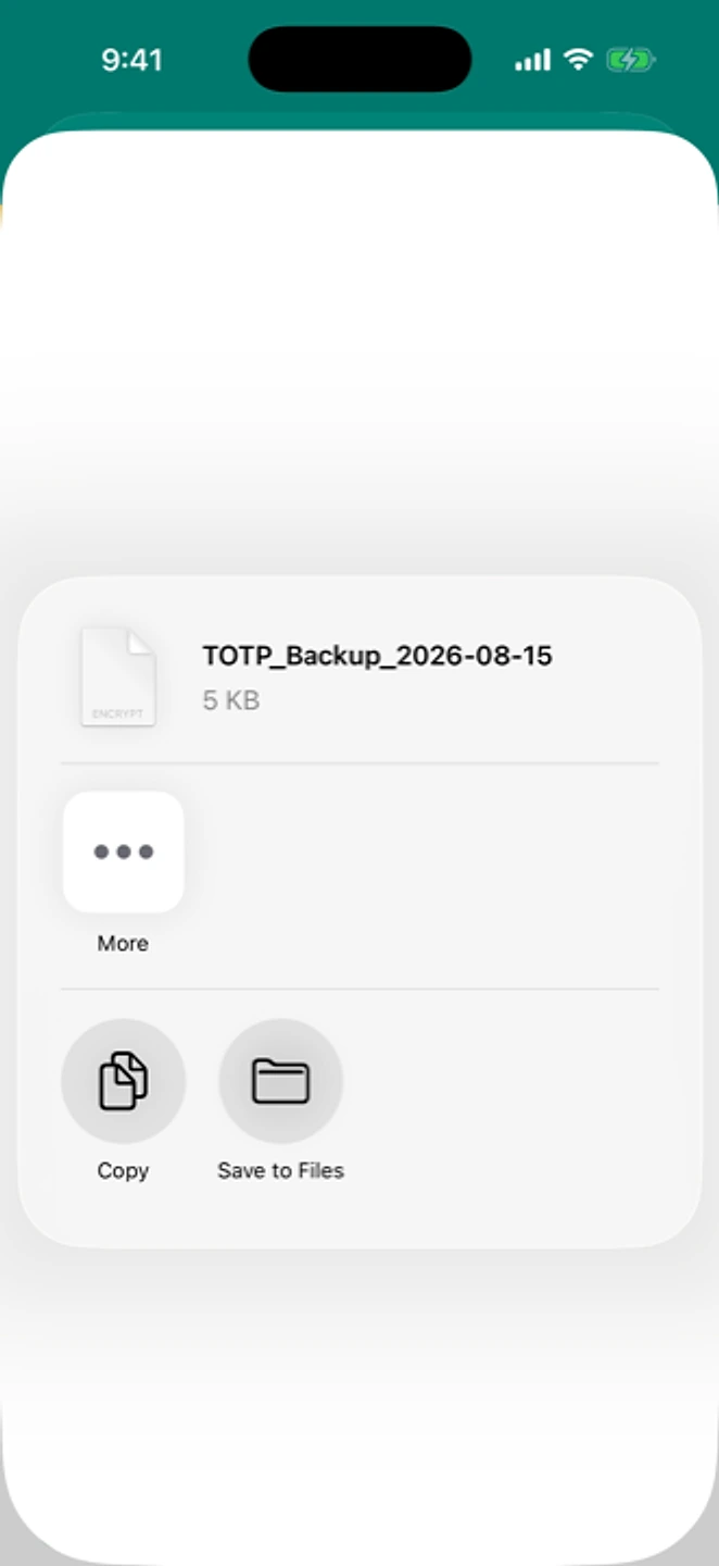 The system share sheet over the app, offering to send the backup file TOTP_Backup_2026-08-15 to another app or save it to Files.